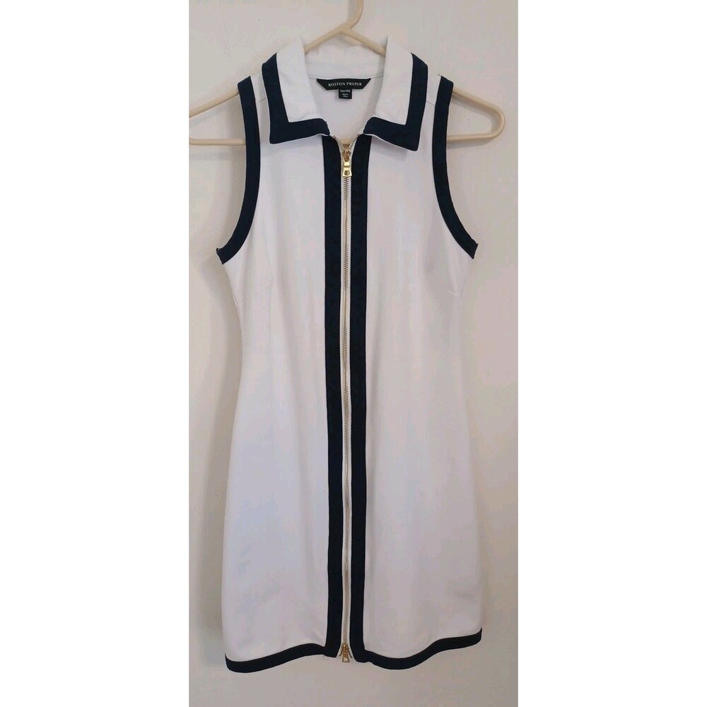 Boston Proper Sleeveless Bodycon Dress XXS White Navy Full Zip Golf Tennis Beach